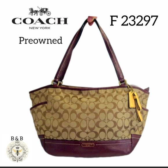 COACH AUTHENTIC F23297 PARK CARRIE SIGNATURE SATCHEL BURGUNDY COLOR PREOWNED - Picture 1 of 15